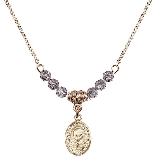 14kt Gold Filled Saint Maximilian Kolbe Birthstone Necklace with Light Amethyst Beads - 9073