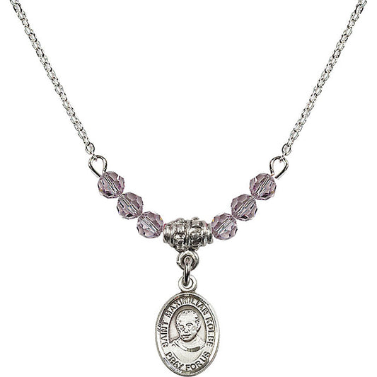 Sterling Silver Saint Maximilian Kolbe Birthstone Necklace with Light Amethyst Beads - 9073