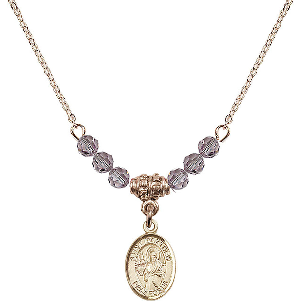 14kt Gold Filled Saint Matthew the Apostle Birthstone Necklace with Light Amethyst Beads - 9074