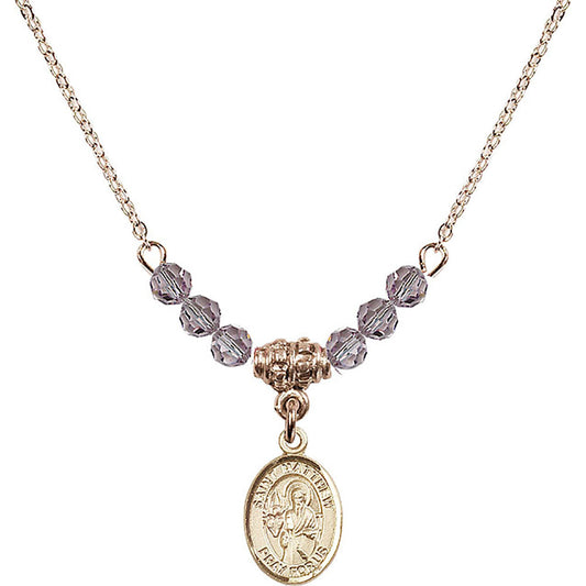 14kt Gold Filled Saint Matthew the Apostle Birthstone Necklace with Light Amethyst Beads - 9074