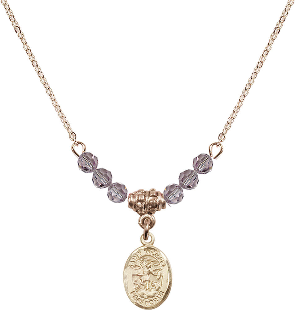 14kt Gold Filled Saint Michael the Archangel Birthstone Necklace with Light Amethyst Beads - 9076