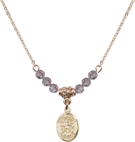 14kt Gold Filled Saint Michael the Archangel Birthstone Necklace with Light Amethyst Beads - 9076