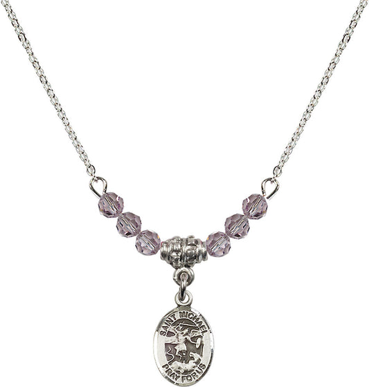 Sterling Silver Saint Michael the Archangel Birthstone Necklace with Light Amethyst Beads - 9076