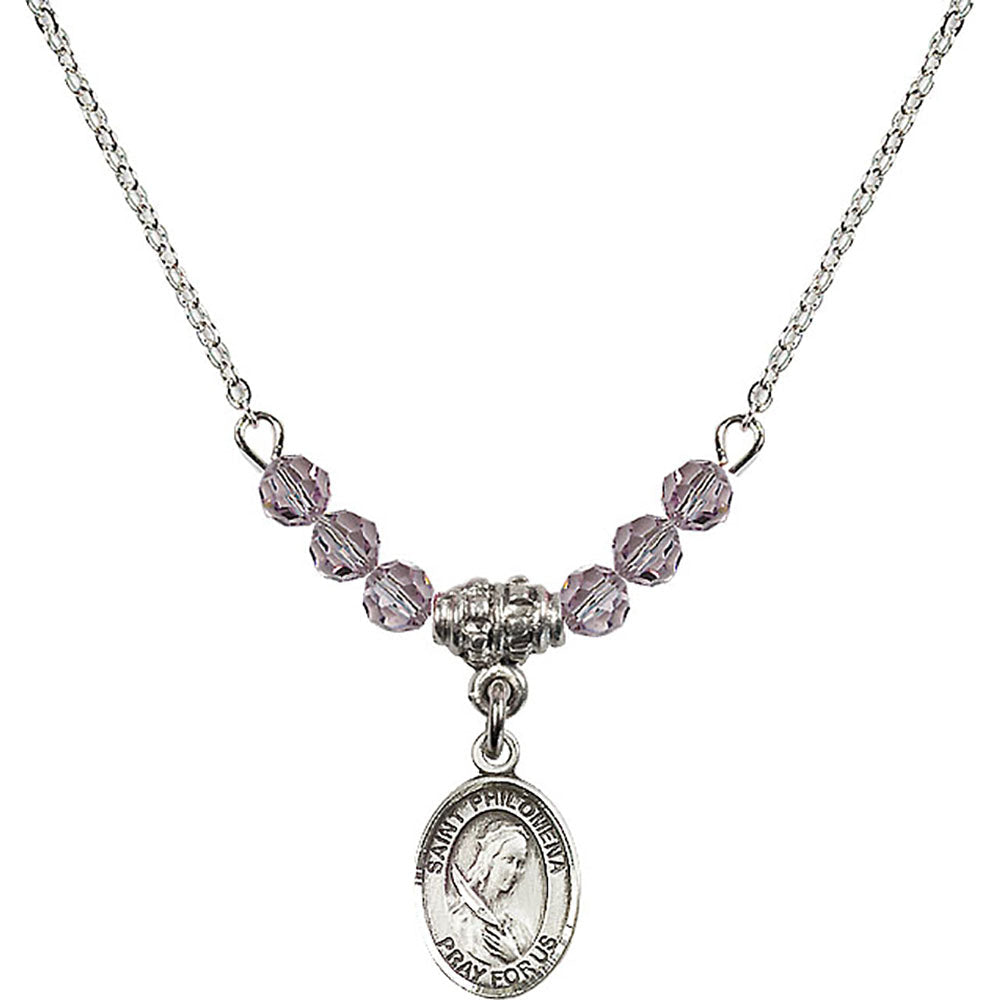 Sterling Silver Saint Philomena Birthstone Necklace with Light Amethyst Beads - 9077
