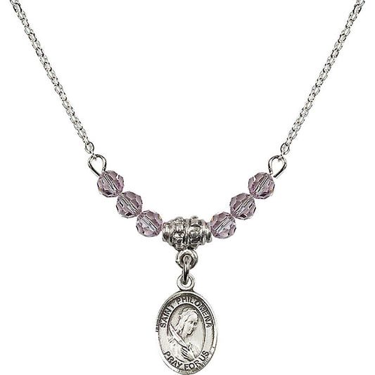 Sterling Silver Saint Philomena Birthstone Necklace with Light Amethyst Beads - 9077