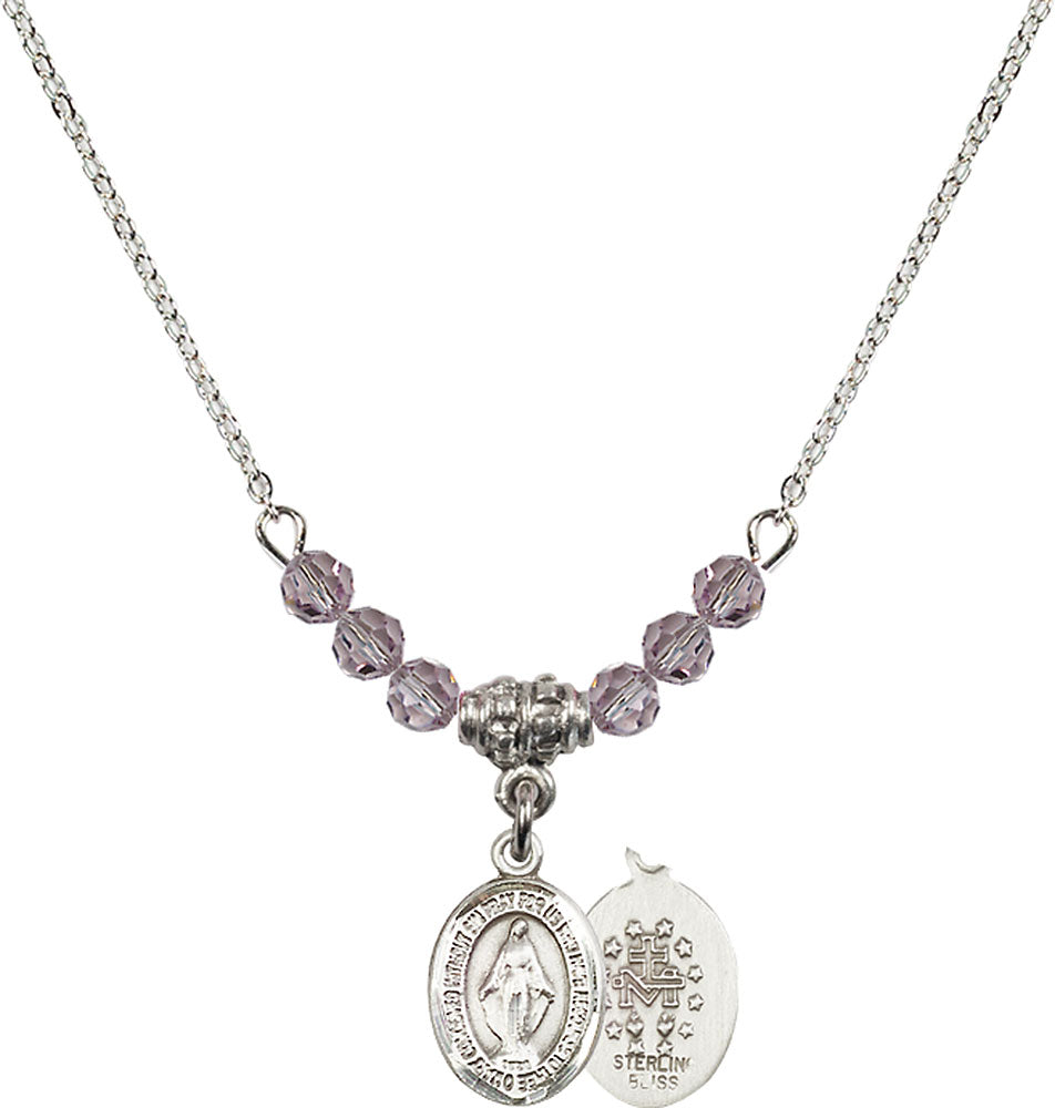 Sterling Silver Miraculous Birthstone Necklace with Light Amethyst Beads - 9078