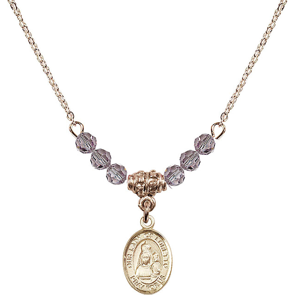 14kt Gold Filled Our Lady of Loretto Birthstone Necklace with Light Amethyst Beads - 9082