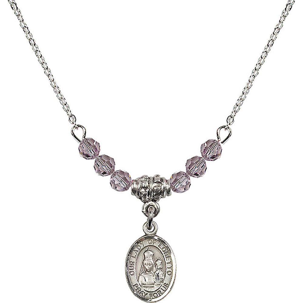 Sterling Silver Our Lady of Loretto Birthstone Necklace with Light Amethyst Beads - 9082
