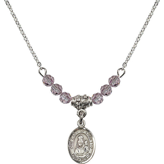 Sterling Silver Our Lady of Loretto Birthstone Necklace with Light Amethyst Beads - 9082