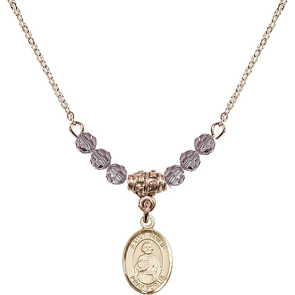 14kt Gold Filled Saint Philip the Apostle Birthstone Necklace with Light Amethyst Beads - 9083