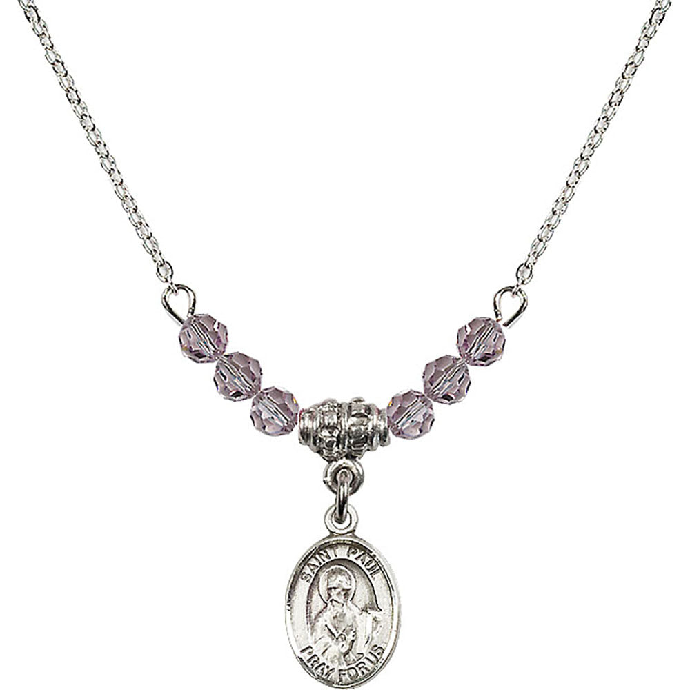 Sterling Silver Saint Paul the Apostle Birthstone Necklace with Light Amethyst Beads - 9086