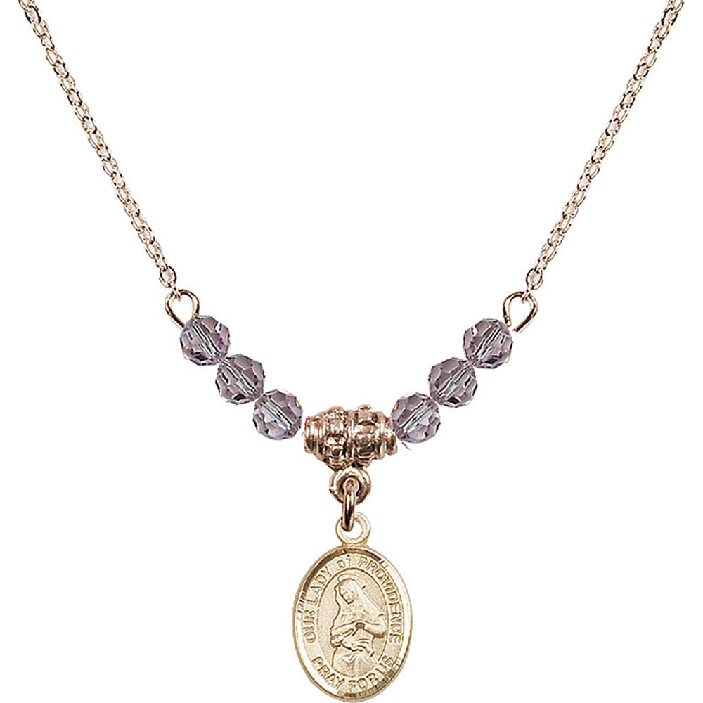 14kt Gold Filled Our Lady of Providence Birthstone Necklace with Light Amethyst Beads - 9087