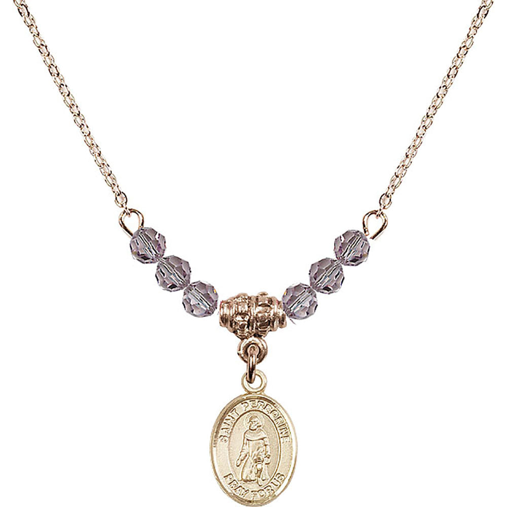14kt Gold Filled Saint Peregrine Laziosi Birthstone Necklace with Light Amethyst Beads - 9088