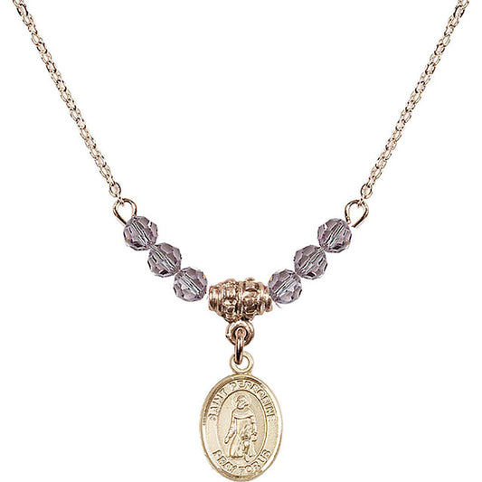 14kt Gold Filled Saint Peregrine Laziosi Birthstone Necklace with Light Amethyst Beads - 9088