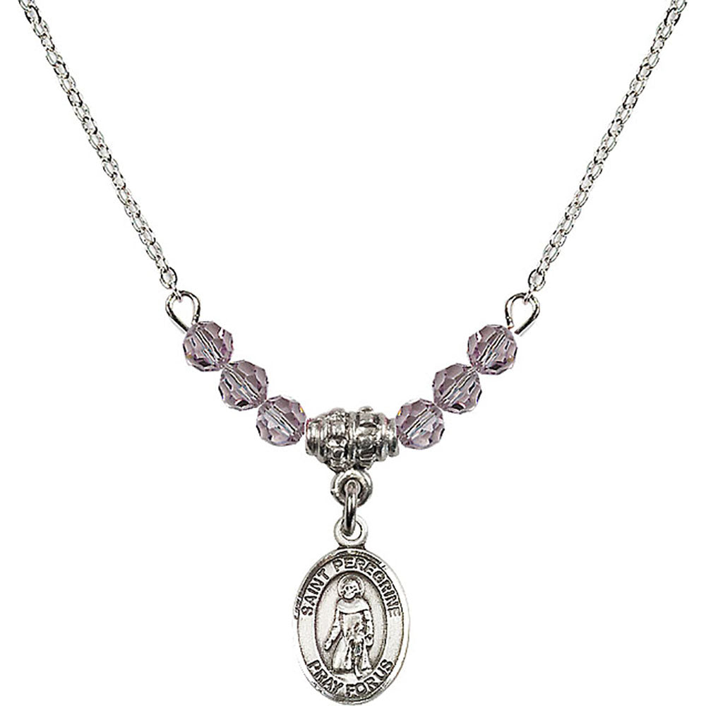 Sterling Silver Saint Peregrine Laziosi Birthstone Necklace with Light Amethyst Beads - 9088