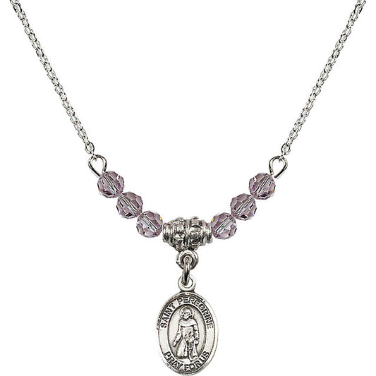 Sterling Silver Saint Peregrine Laziosi Birthstone Necklace with Light Amethyst Beads - 9088