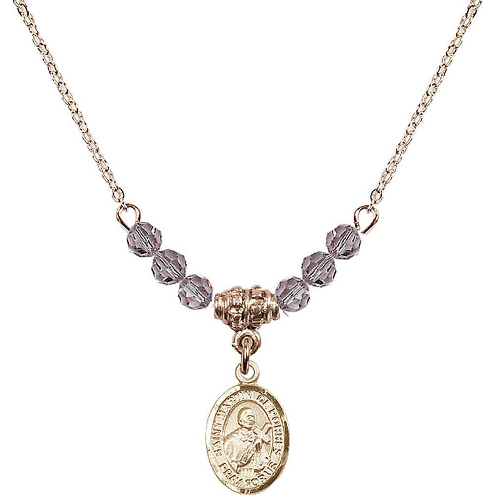 14kt Gold Filled Saint Martin de Porres Birthstone Necklace with Light Amethyst Beads - 9089