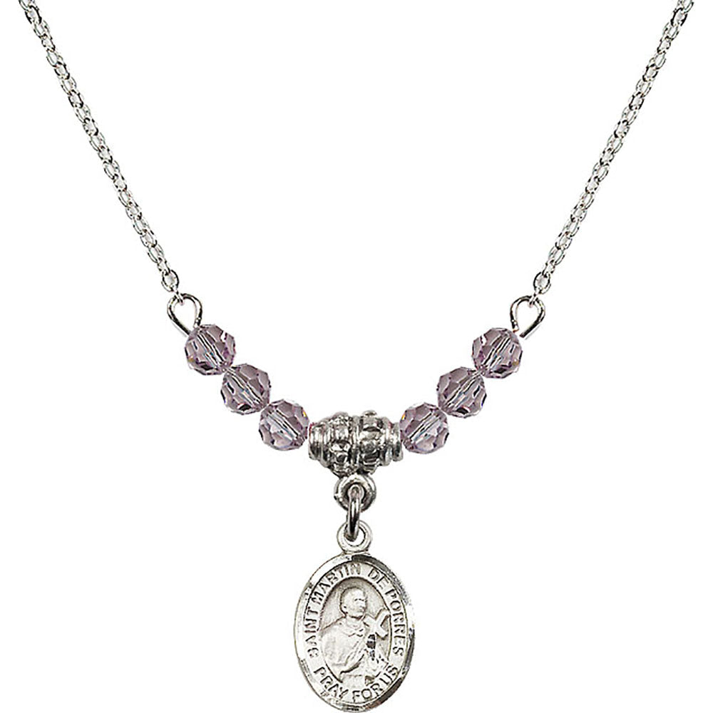 Sterling Silver Saint Martin de Porres Birthstone Necklace with Light Amethyst Beads - 9089