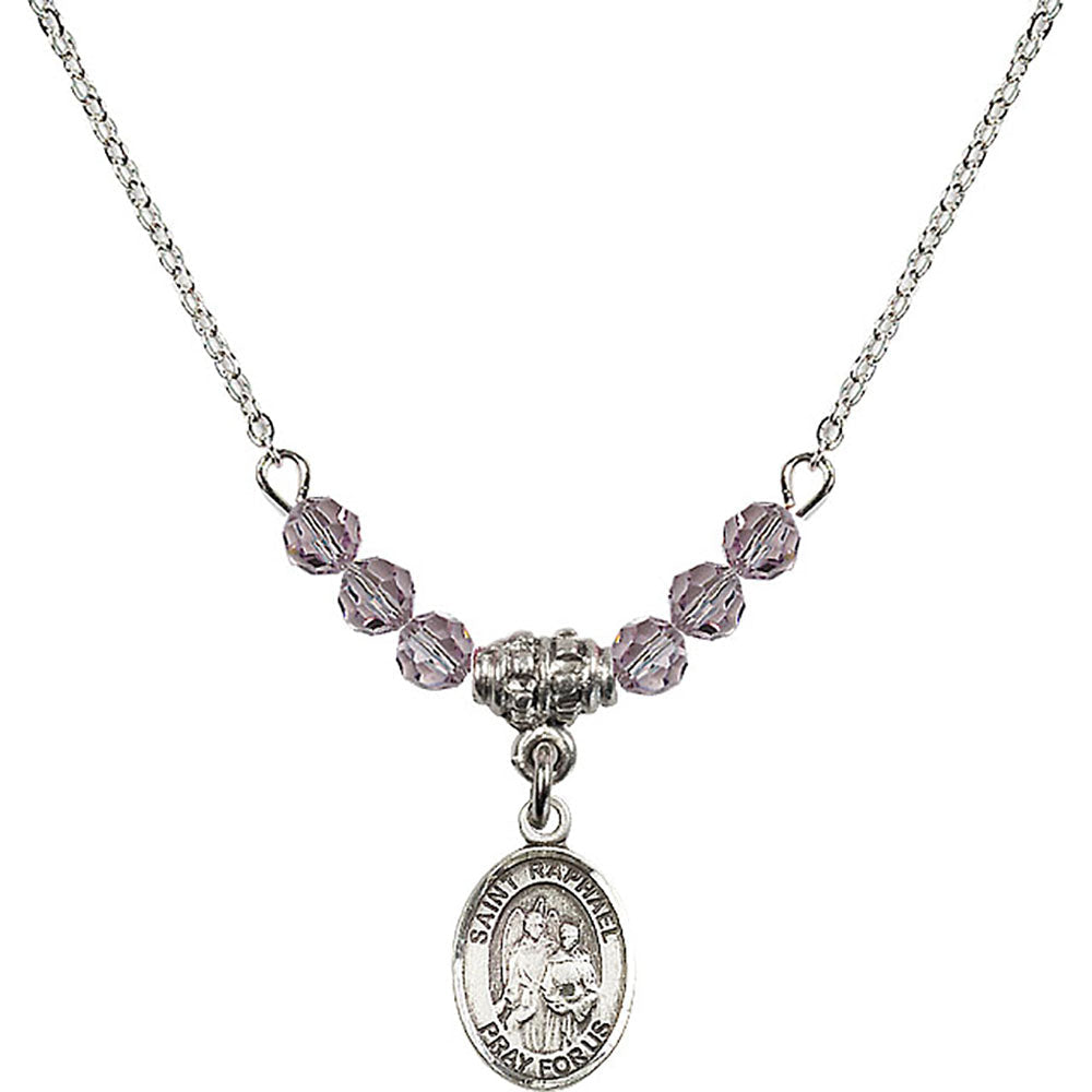 Sterling Silver Saint Raphael the Archangel Birthstone Necklace with Light Amethyst Beads - 9092