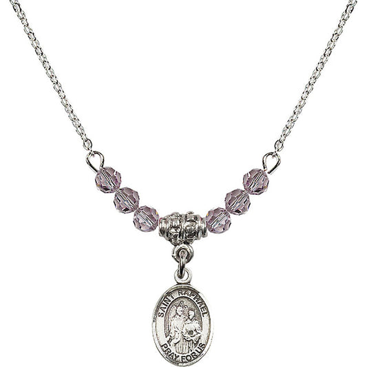 Sterling Silver Saint Raphael the Archangel Birthstone Necklace with Light Amethyst Beads - 9092