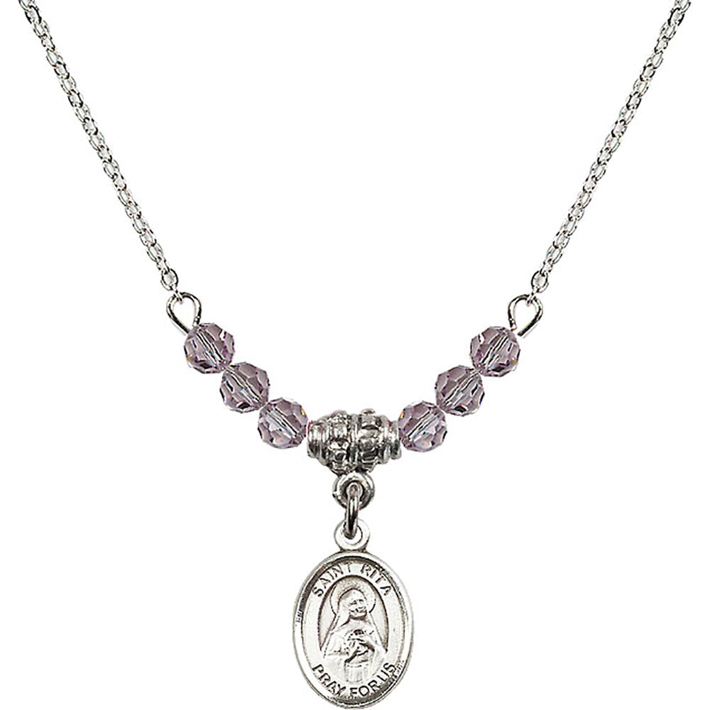 Sterling Silver Saint Rita of Cascia Birthstone Necklace with Light Amethyst Beads - 9094