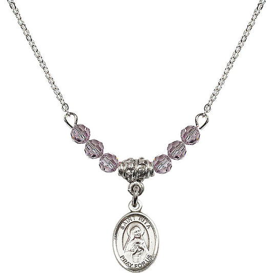 Sterling Silver Saint Rita of Cascia Birthstone Necklace with Light Amethyst Beads - 9094