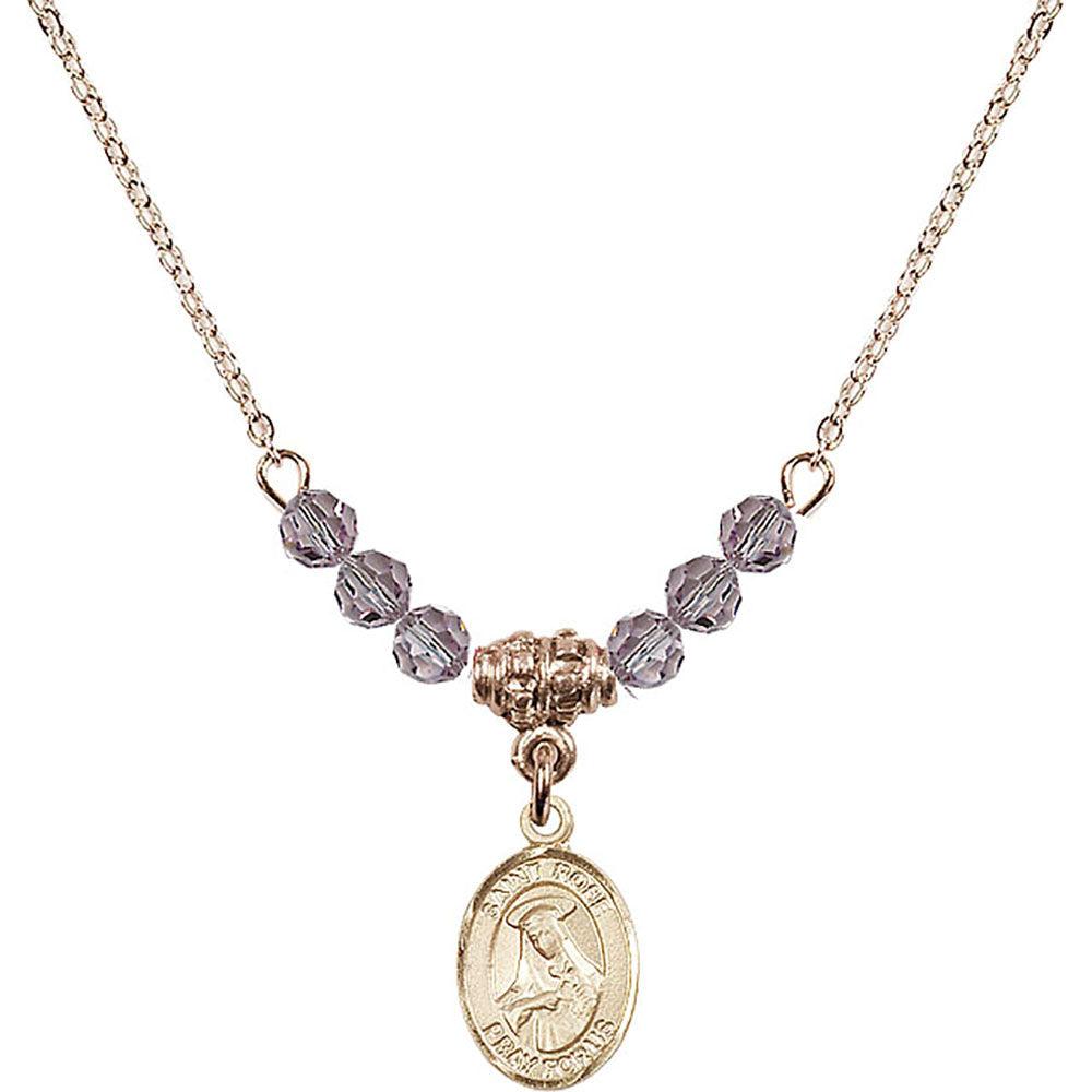 14kt Gold Filled Saint Rose of Lima Birthstone Necklace with Light Amethyst Beads - 9095