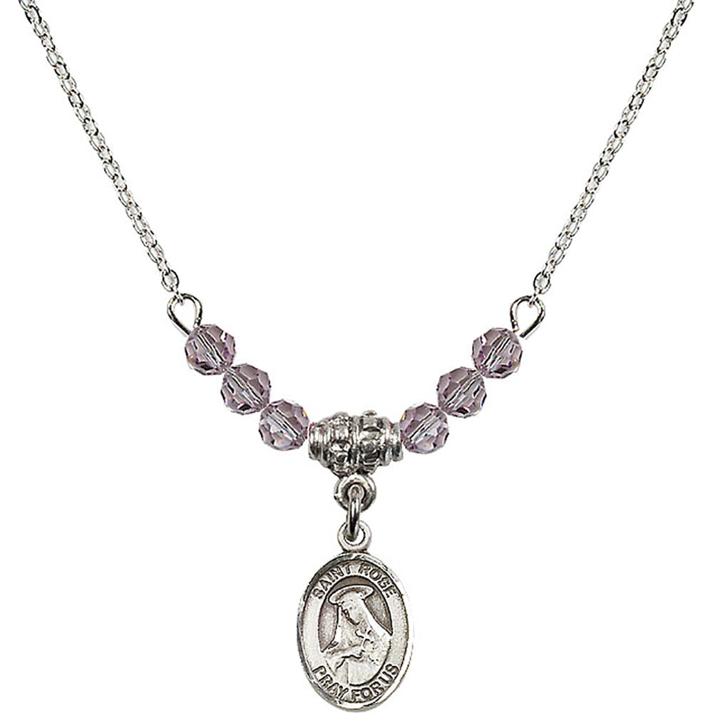Sterling Silver Saint Rose of Lima Birthstone Necklace with Light Amethyst Beads - 9095