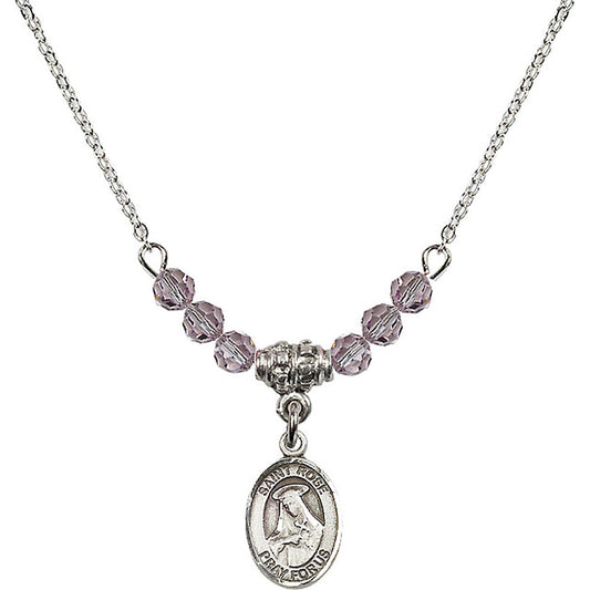 Sterling Silver Saint Rose of Lima Birthstone Necklace with Light Amethyst Beads - 9095