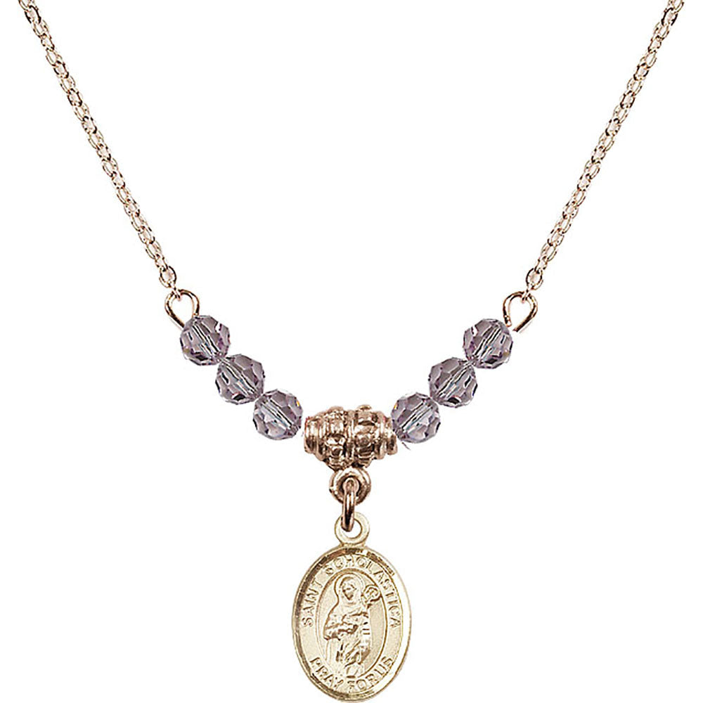 14kt Gold Filled Saint Scholastica Birthstone Necklace with Light Amethyst Beads - 9099