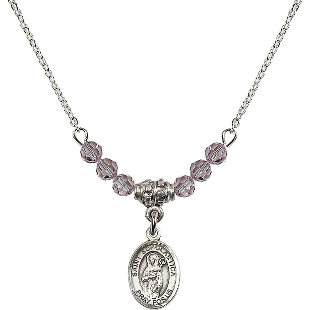 Sterling Silver Saint Scholastica Birthstone Necklace with Light Amethyst Beads - 9099