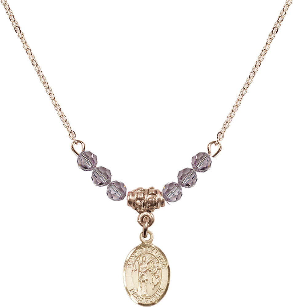 14kt Gold Filled Saint Sebastian Birthstone Necklace with Light Amethyst Beads - 9100