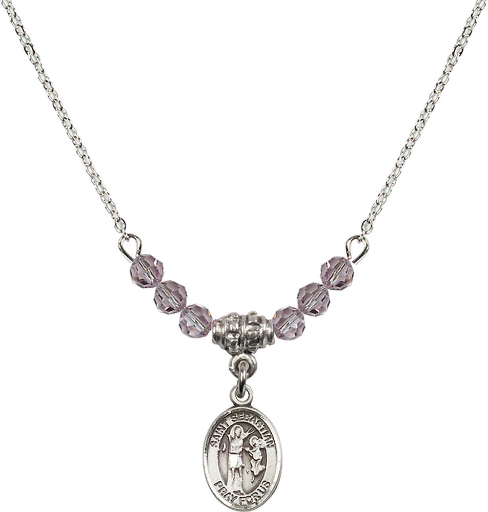 Sterling Silver Saint Sebastian Birthstone Necklace with Light Amethyst Beads - 9100