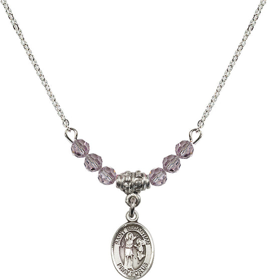Sterling Silver Saint Sebastian Birthstone Necklace with Light Amethyst Beads - 9100