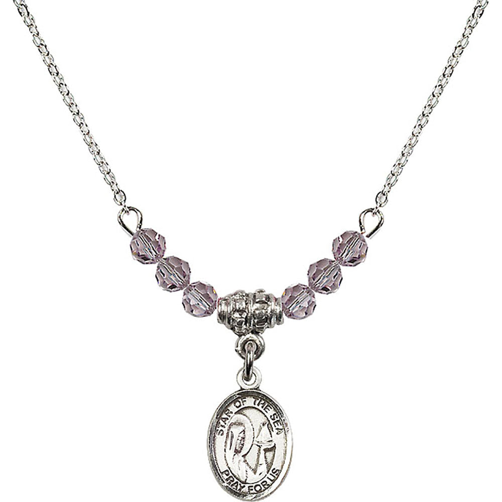 Sterling Silver Our Lady Star of the Sea Birthstone Necklace with Light Amethyst Beads - 9101