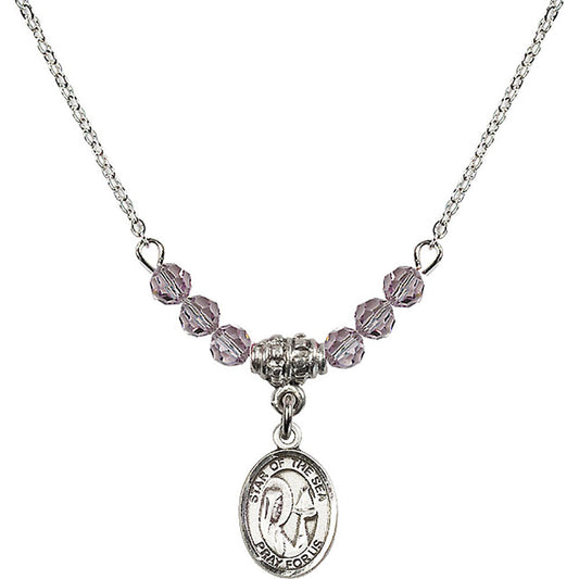 Sterling Silver Our Lady Star of the Sea Birthstone Necklace with Light Amethyst Beads - 9101