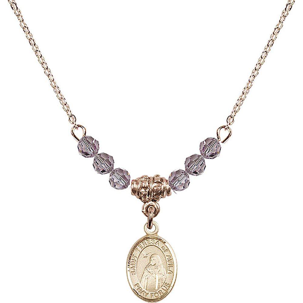 14kt Gold Filled Saint Teresa of Avila Birthstone Necklace with Light Amethyst Beads - 9102