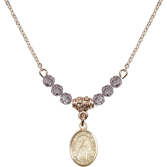 14kt Gold Filled Saint Teresa of Avila Birthstone Necklace with Light Amethyst Beads - 9102