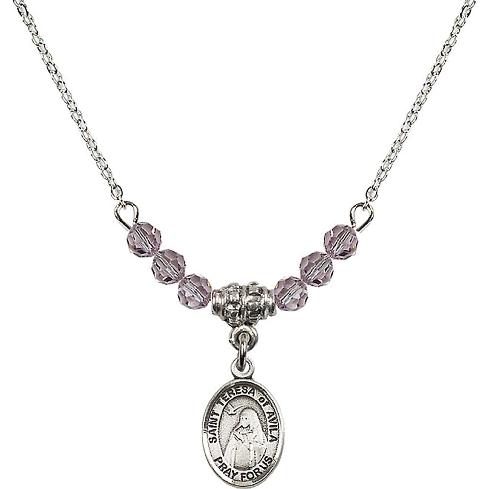 Sterling Silver Saint Teresa of Avila Birthstone Necklace with Light Amethyst Beads - 9102