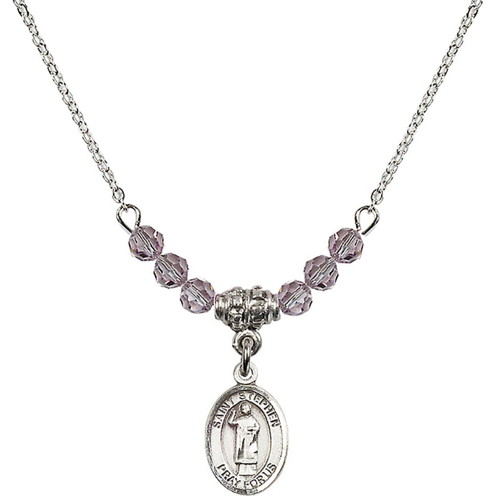 Sterling Silver Saint Stephen the Martyr Birthstone Necklace with Light Amethyst Beads - 9104