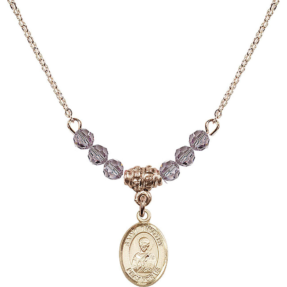 14kt Gold Filled Saint Timothy Birthstone Necklace with Light Amethyst Beads - 9105