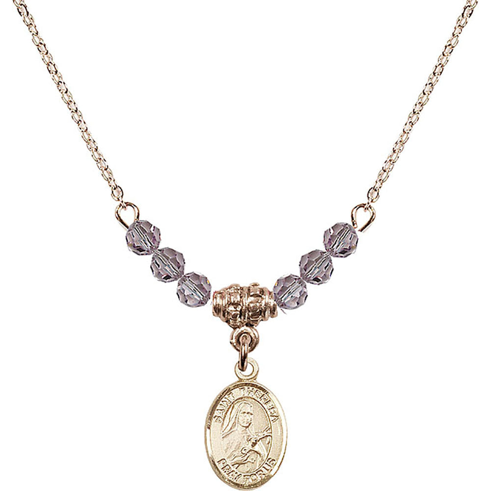 14kt Gold Filled Saint Theresa Birthstone Necklace with Light Amethyst Beads - 9106