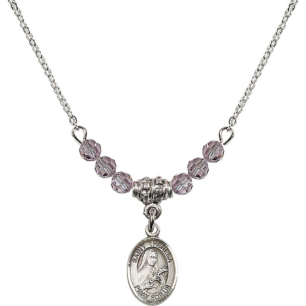 Sterling Silver Saint Theresa Birthstone Necklace with Light Amethyst Beads - 9106