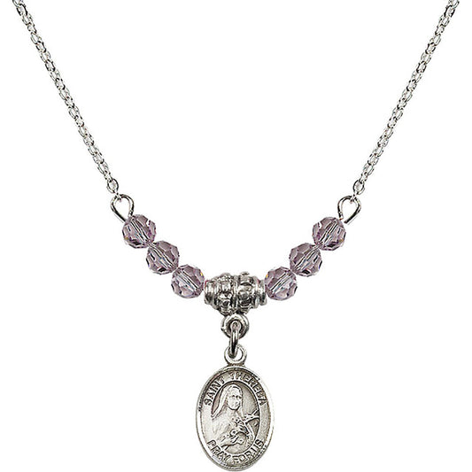 Sterling Silver Saint Theresa Birthstone Necklace with Light Amethyst Beads - 9106