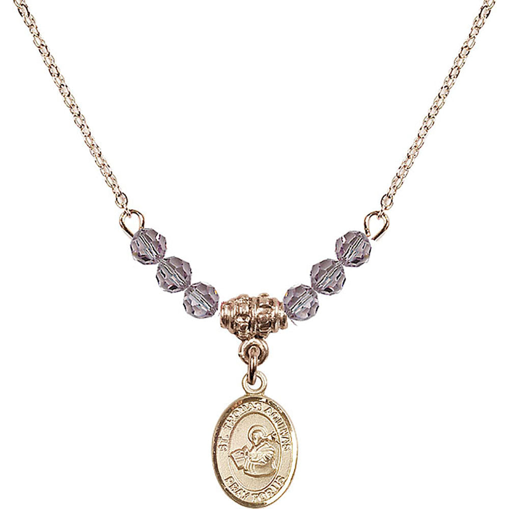 14kt Gold Filled Saint Thomas Aquinas Birthstone Necklace with Light Amethyst Beads - 9108