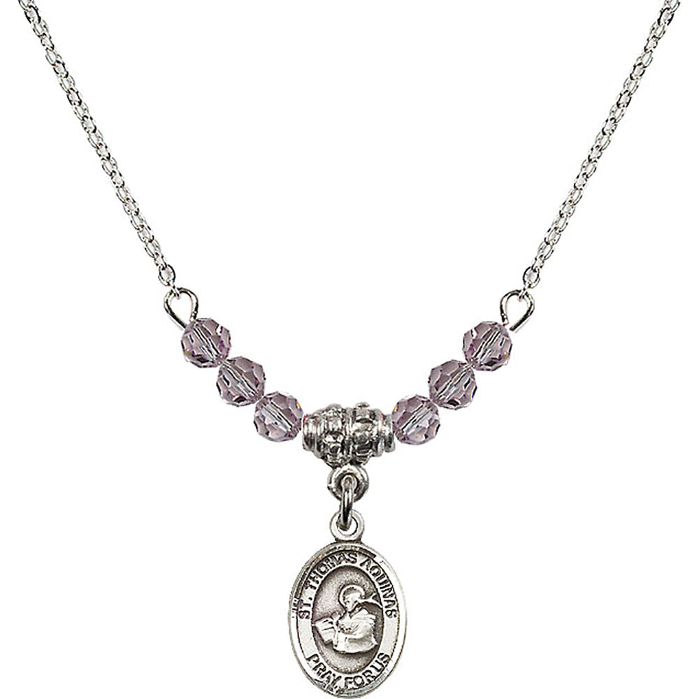 Sterling Silver Saint Thomas Aquinas Birthstone Necklace with Light Amethyst Beads - 9108