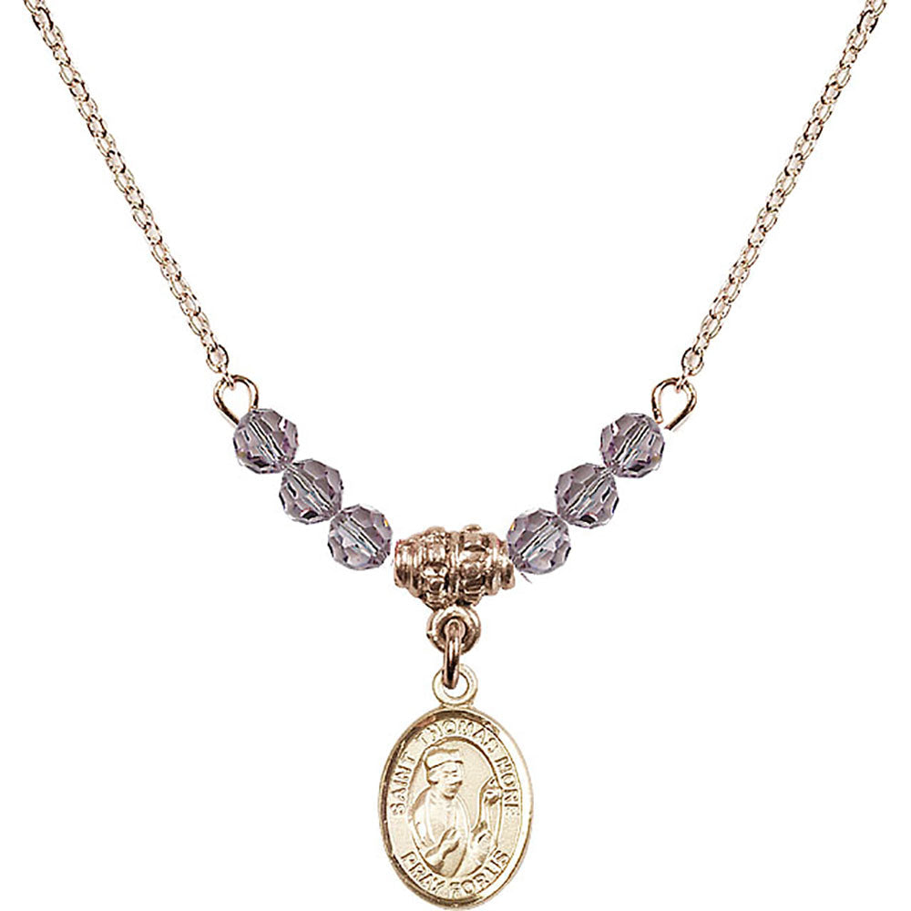 14kt Gold Filled Saint Thomas More Birthstone Necklace with Light Amethyst Beads - 9109