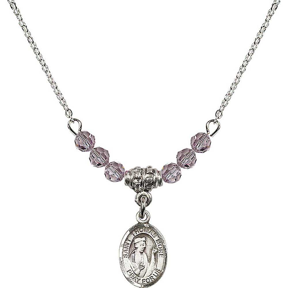 Sterling Silver Saint Thomas More Birthstone Necklace with Light Amethyst Beads - 9109