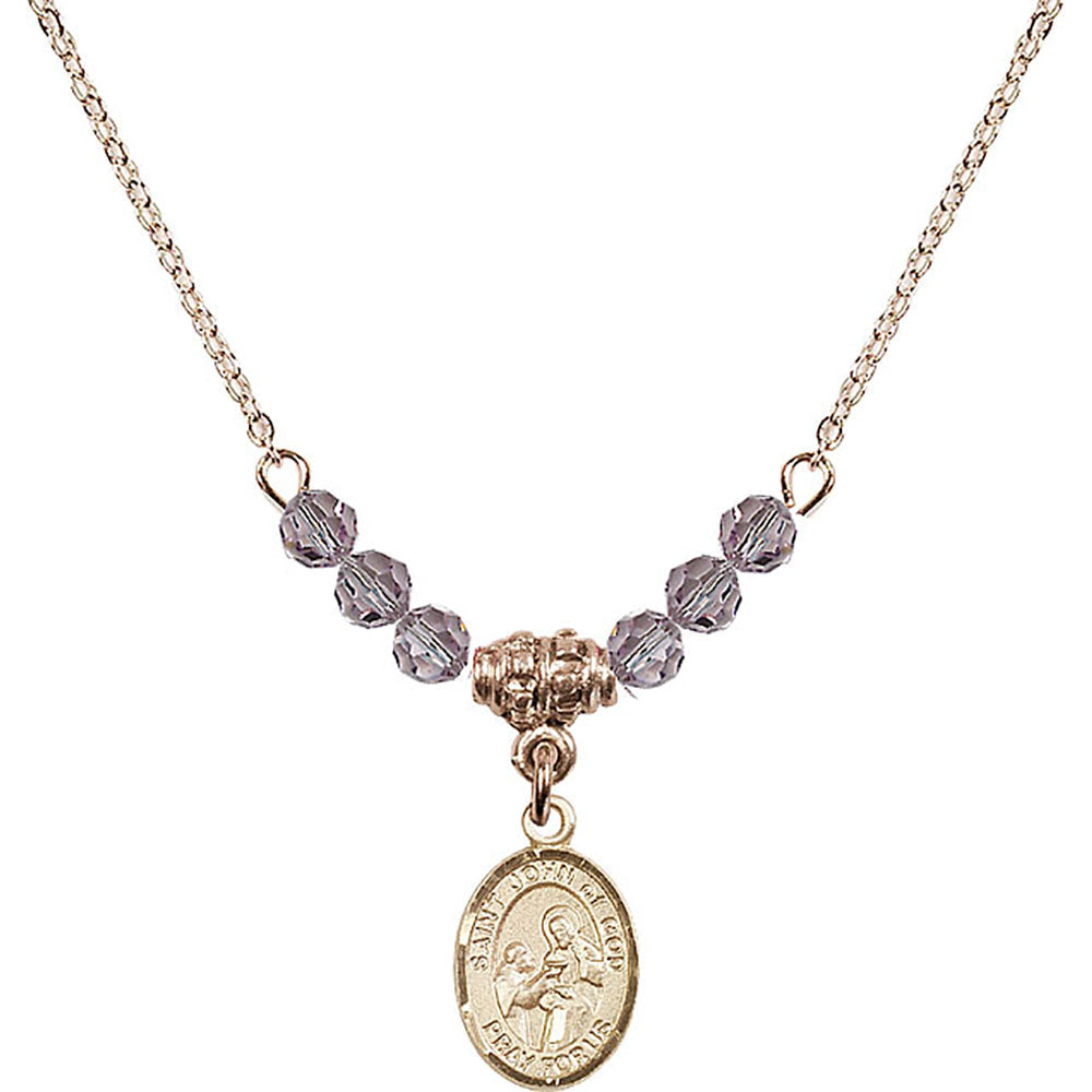 14kt Gold Filled Saint John of God Birthstone Necklace with Light Amethyst Beads - 9112