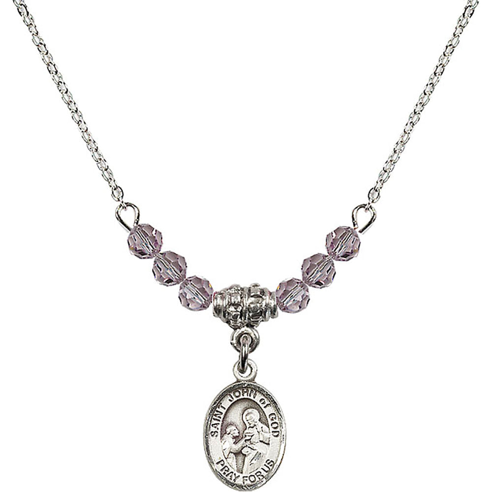 Sterling Silver Saint John of God Birthstone Necklace with Light Amethyst Beads - 9112